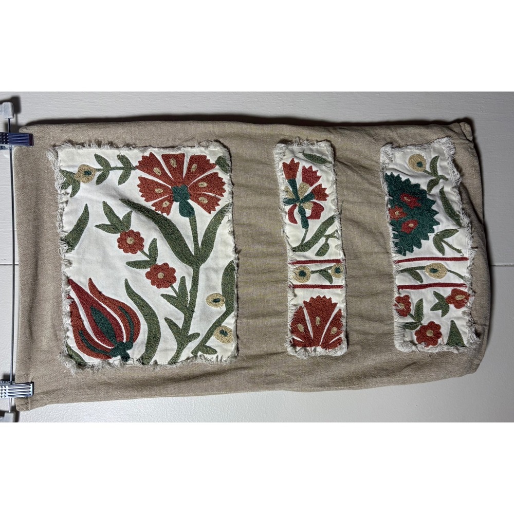 Shabby Chic Floral Embroidered Cotton Pillow Sham Tan Boho Crewel 25x15